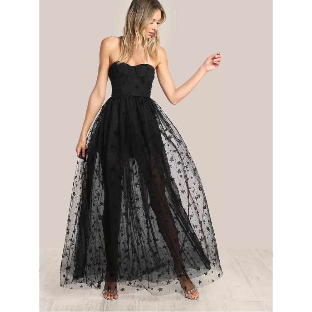 Celestial Flocked Tulle Whimsigoth Strapless Corset Maxi Dress Large